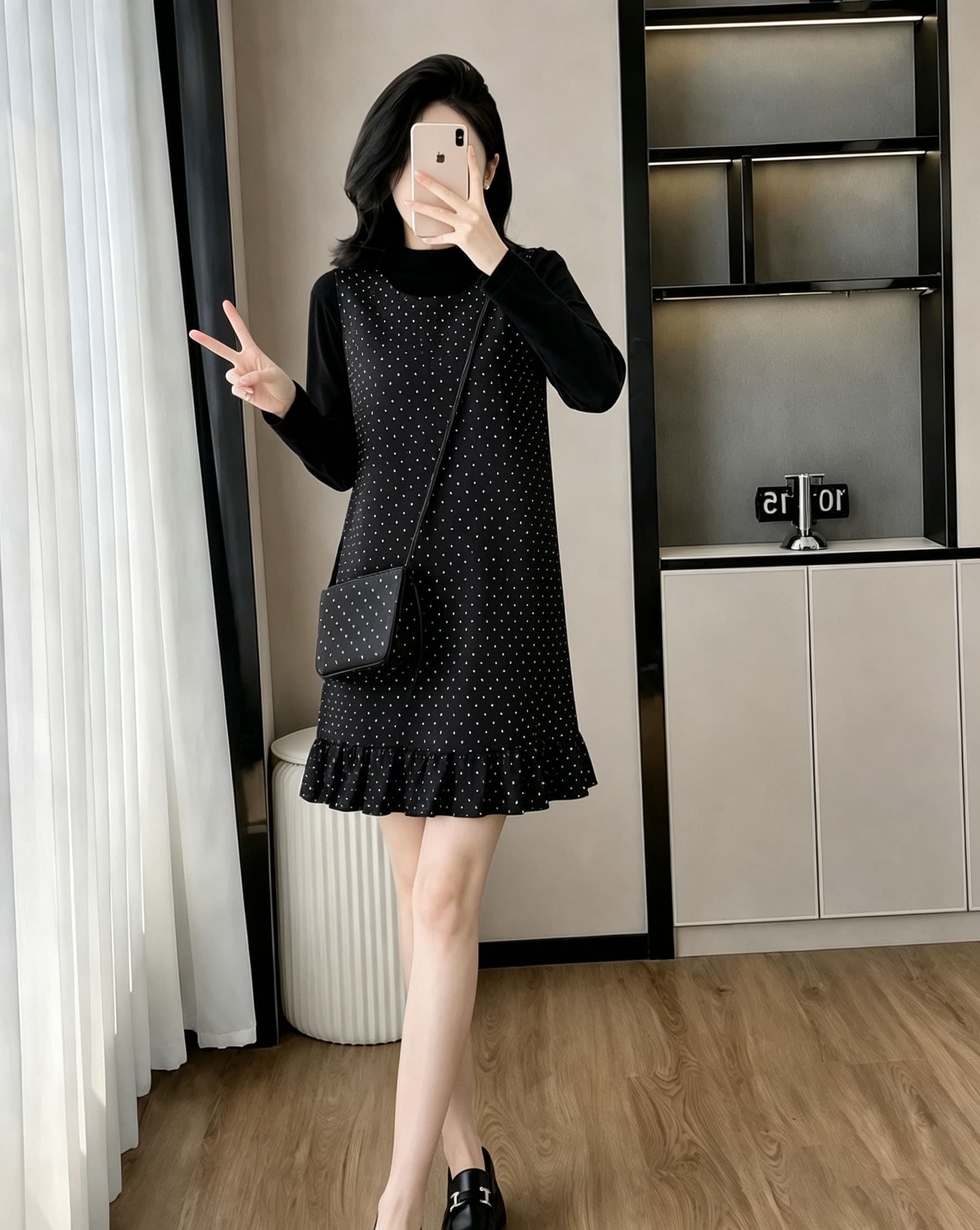 한 부서 프릴 주름 모직 조끼 여성 드레스 겨울 2026 반하이넥 긴팔 기본 셔츠 투피스 세트 상세 이미지 10