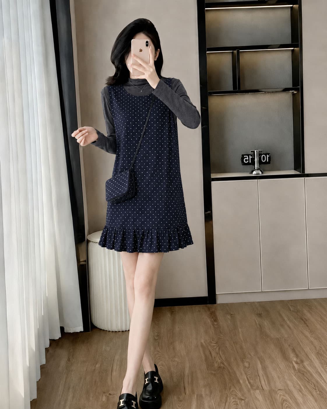 한 부서 프릴 주름 모직 조끼 여성 드레스 겨울 2026 반하이넥 긴팔 기본 셔츠 투피스 세트 상세 이미지 13
