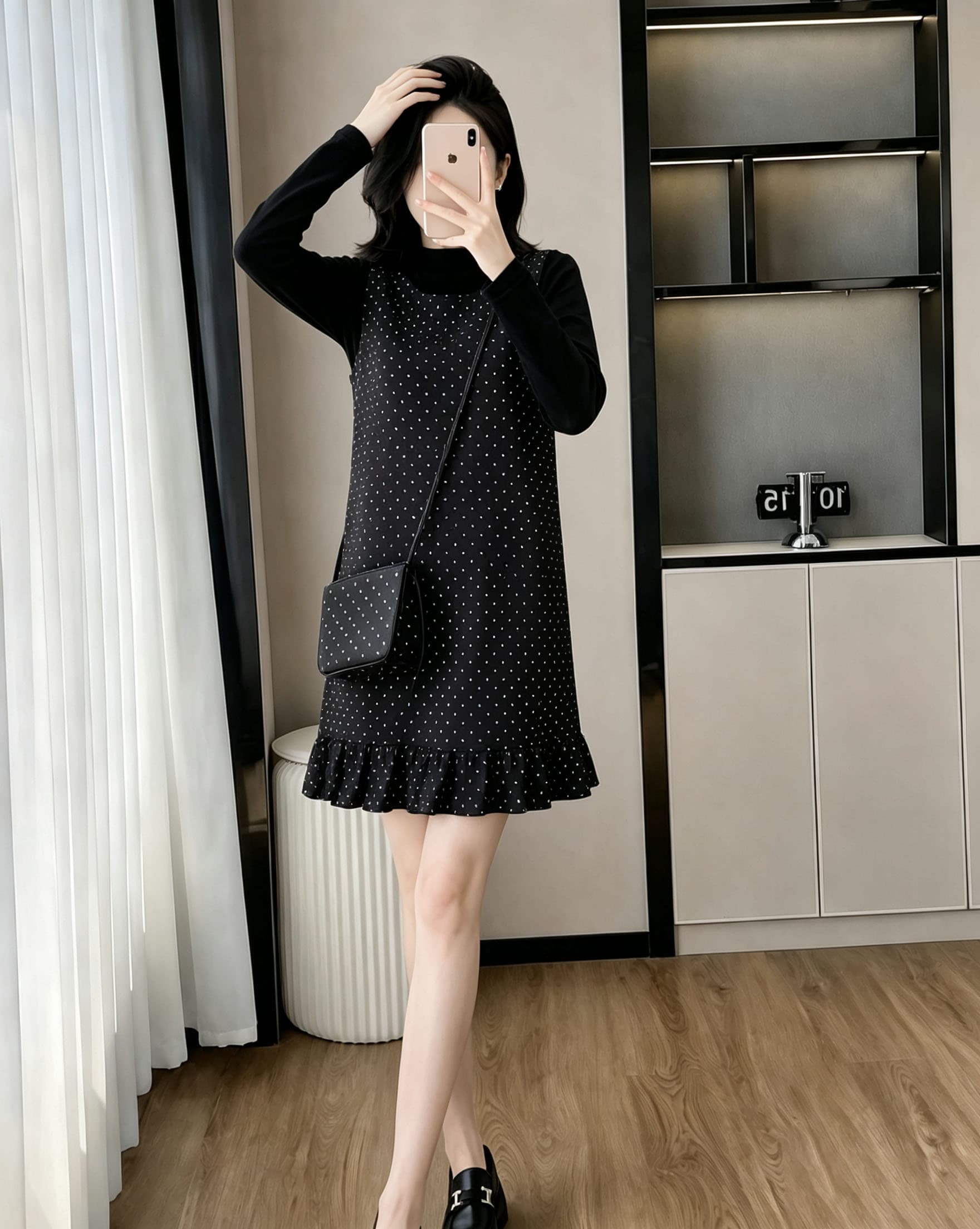 한 부서 프릴 주름 모직 조끼 여성 드레스 겨울 2026 반하이넥 긴팔 기본 셔츠 투피스 세트 상세 이미지 12