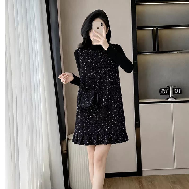 천 금빛 바람 꽃무늬 조끼 여성 드레스 가을 새로운 스택 착용 티셔츠 만나는 맨위 프릴 미니 스커트 세트 이미지 2