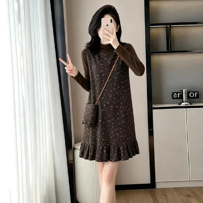 천 금빛 바람 꽃무늬 조끼 여성 드레스 가을 새로운 스택 착용 티셔츠 만나는 맨위 프릴 미니 스커트 세트 이미지 4
