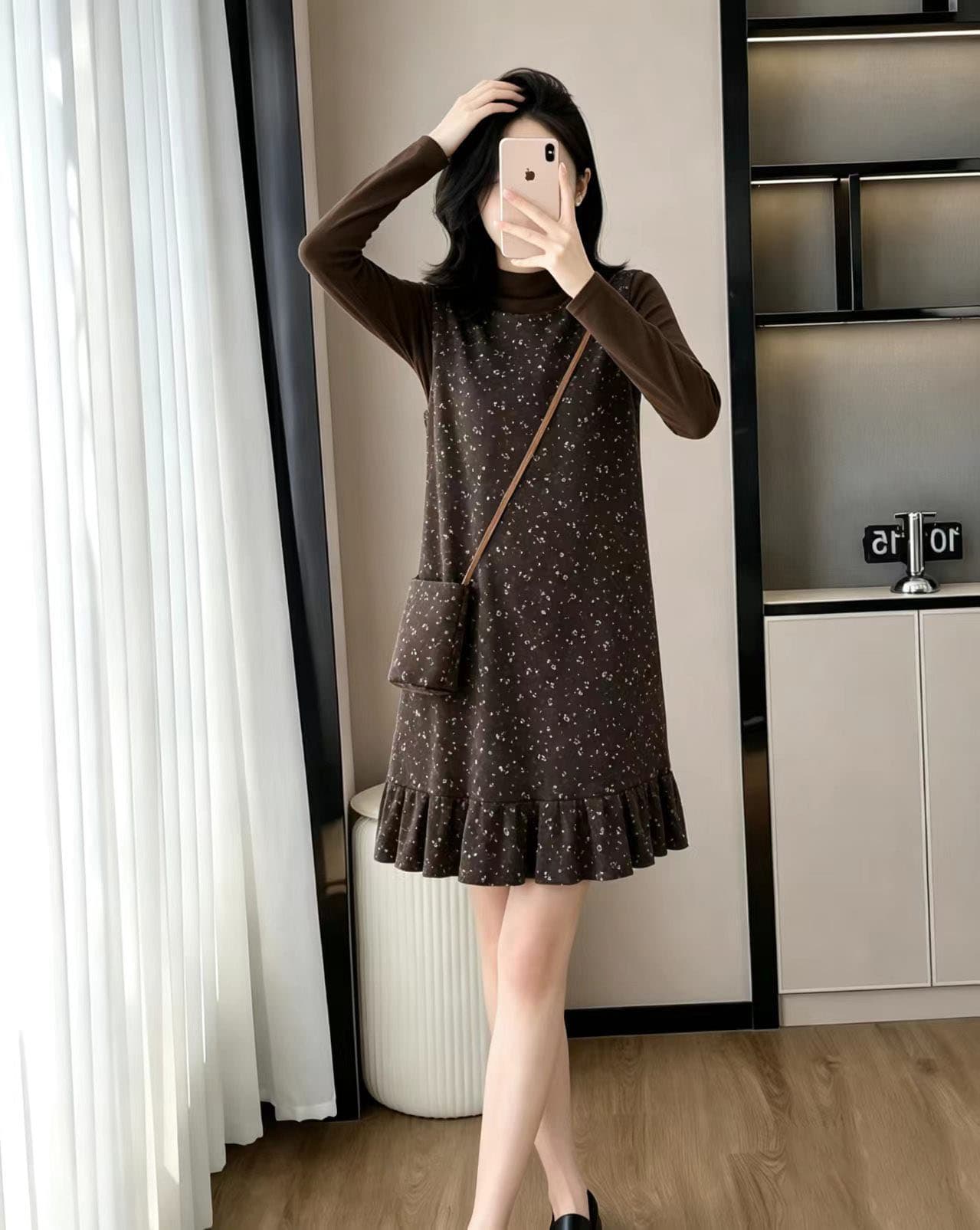 천 금빛 바람 꽃무늬 조끼 여성 드레스 가을 새로운 스택 착용 티셔츠 만나는 맨위 프릴 미니 스커트 세트 상세 이미지 7