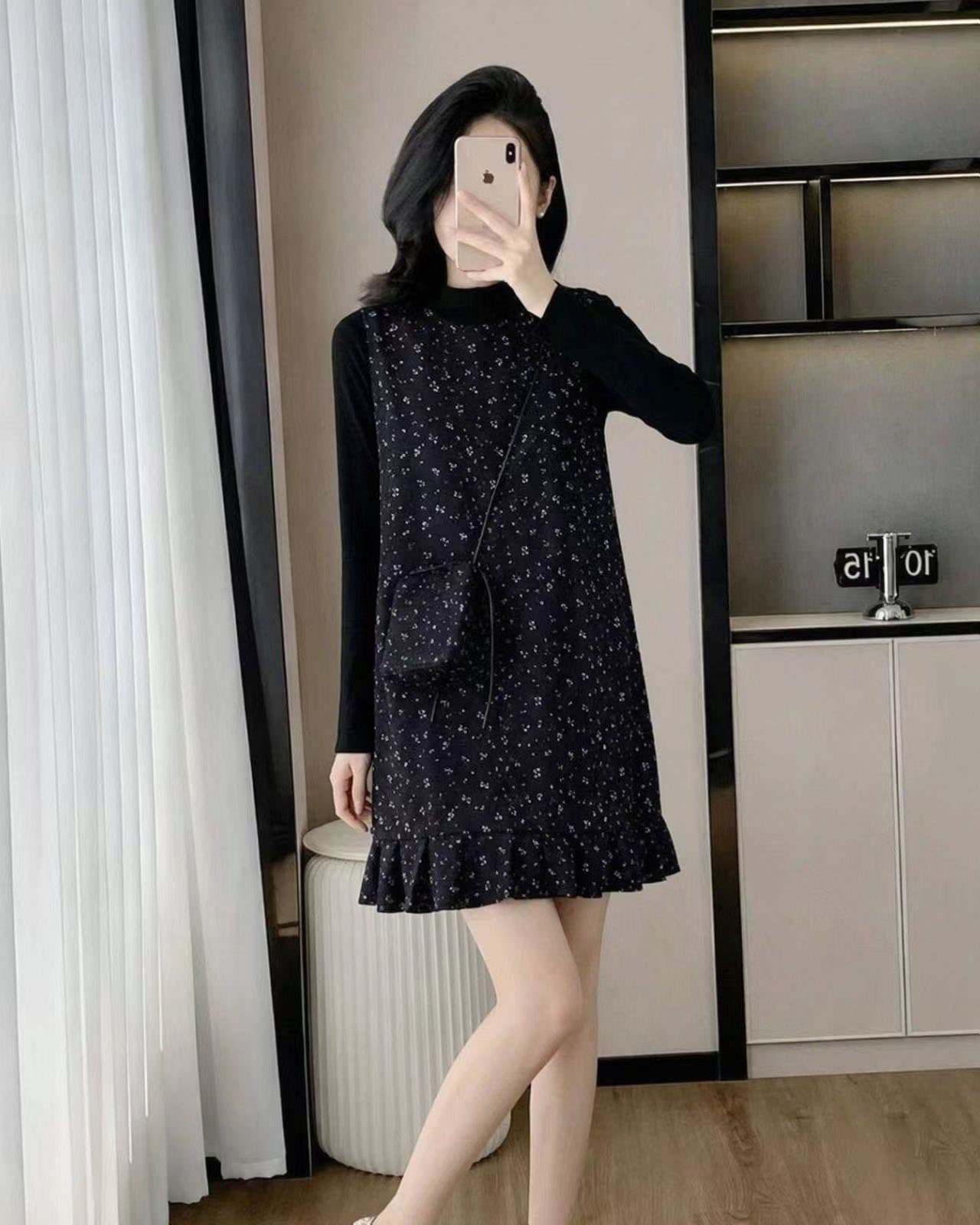 천 금빛 바람 꽃무늬 조끼 여성 드레스 가을 새로운 스택 착용 티셔츠 만나는 맨위 프릴 미니 스커트 세트 상세 이미지 4