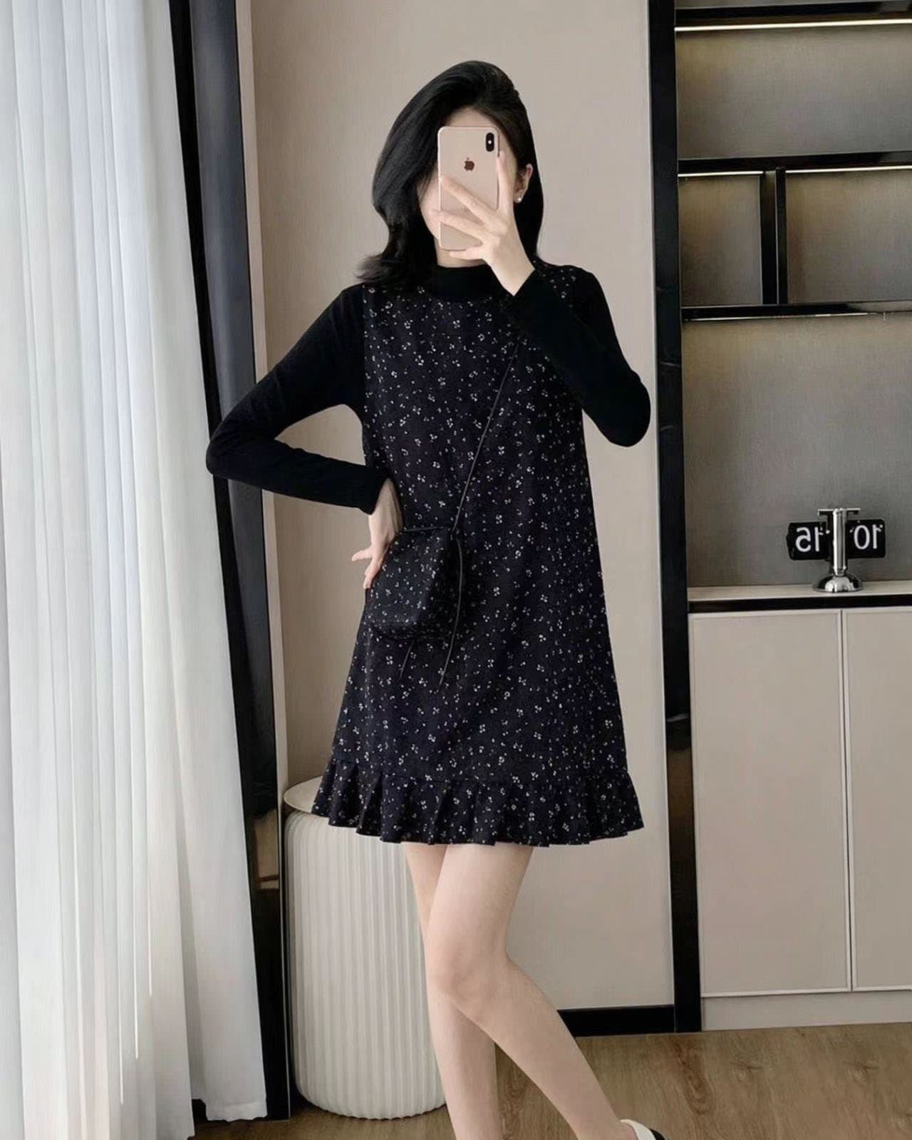 천 금빛 바람 꽃무늬 조끼 여성 드레스 가을 새로운 스택 착용 티셔츠 만나는 맨위 프릴 미니 스커트 세트 상세 이미지 5