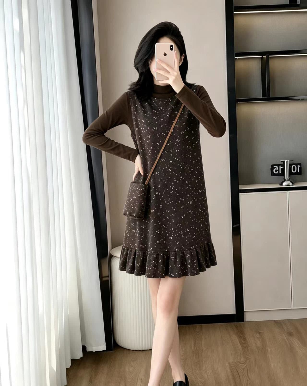 천 금빛 바람 꽃무늬 조끼 여성 드레스 가을 새로운 스택 착용 티셔츠 만나는 맨위 프릴 미니 스커트 세트 상세 이미지 8