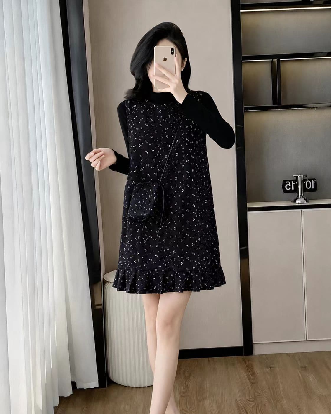 천 금빛 바람 꽃무늬 조끼 여성 드레스 가을 새로운 스택 착용 티셔츠 만나는 맨위 프릴 미니 스커트 세트 상세 이미지 14