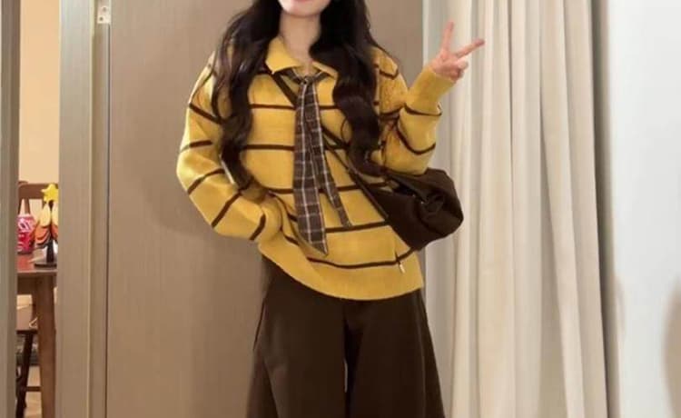 지금 출산 착용 한 부서 폴로 칼라 긴팔 스트라이프 루즈핏 외국 가스 다용도 니트 스웨터 양모 복부 지지 바지 세트 상세 이미지 15