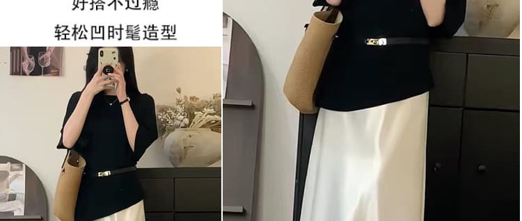 지금 출산 착용 새로운 품격 검정색 라운드 넥 반팔 맨위 빛 요리 한 바람 패션 복부 지지 반신 치마 세트 상세 이미지 12