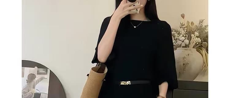 지금 출산 착용 새로운 품격 검정색 라운드 넥 반팔 맨위 빛 요리 한 바람 패션 복부 지지 반신 치마 세트 상세 이미지 22