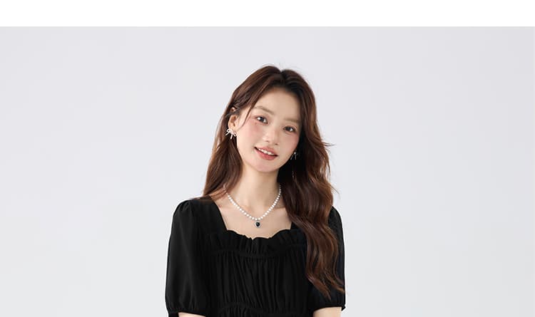 지금 출산 착용 여름 새로운 검정색 프랑스식 광장 칼라 반팔 셔츠 디자인 센스 하이웨이스트 복부 지지 반신 스커트 상세 이미지 31