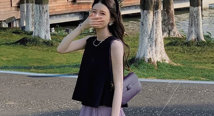 지금 출산 착용 여름 새로운 프랑스식 품격 라운드 넥 민소매 조끼 보라색 맨위 복부 지지 반신 치마 세트 상세 이미지 28