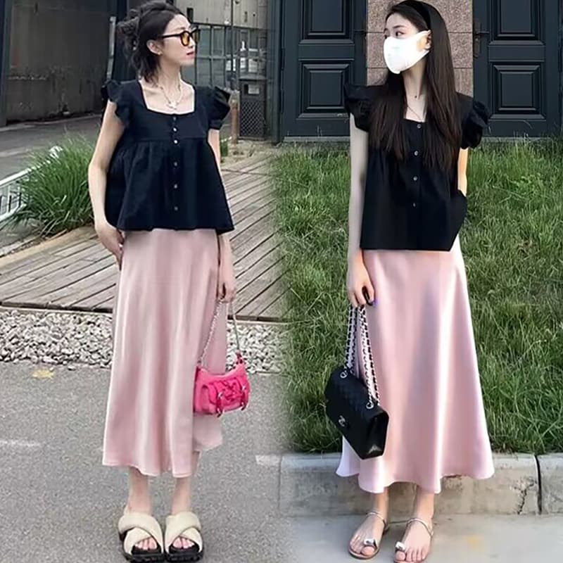 지금 출산 착용 새로운 여름 표지 배 민소매 인형 셔츠 맨위 핑크색 문단 얼굴 반신 스커트 투피스 세트 이미지 3