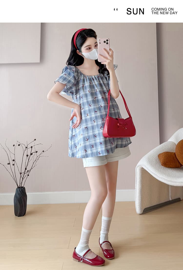 지금 실사 그림 출산 착용 새로운 체크무늬 당겨서 플러시 무거운 공예 여름 표지 배 반팔 인형 셔츠 맨위 상세 이미지 26