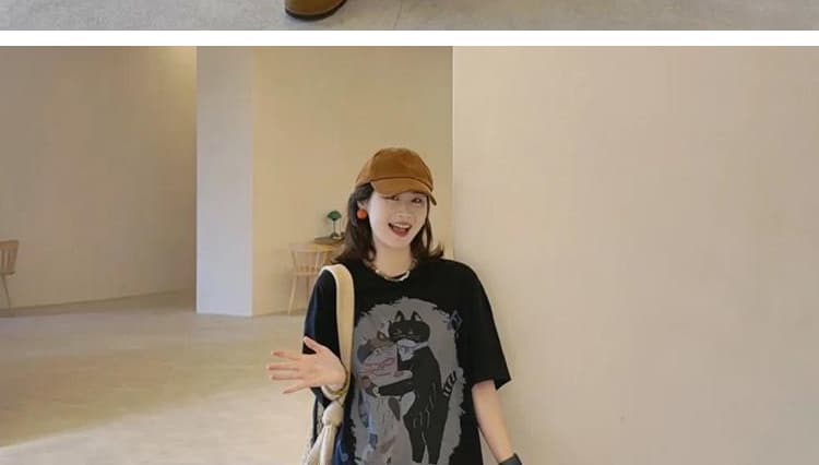 지금 출산 착용 한 부서 느슨함 센스 고양이 프린트 반팔 티셔츠 맨위 딸기 한 마디 반신 스커트 투피스 세트 상세 이미지 20