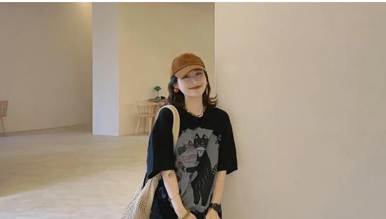 지금 출산 착용 한 부서 느슨함 센스 고양이 프린트 반팔 티셔츠 맨위 딸기 한 마디 반신 스커트 투피스 세트 상세 이미지 22