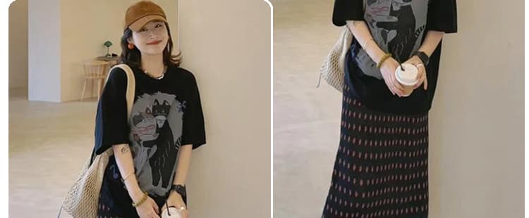 지금 출산 착용 한 부서 느슨함 센스 고양이 프린트 반팔 티셔츠 맨위 딸기 한 마디 반신 스커트 투피스 세트 상세 이미지 11