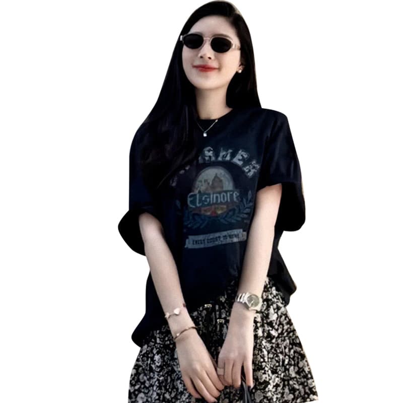지금 출산 착용 느슨함 센스 캐주얼 다용도 프린트 반팔 티셔츠 맨위 돼지 코 버클 반신 스커트 투피스 세트 이미지 5
