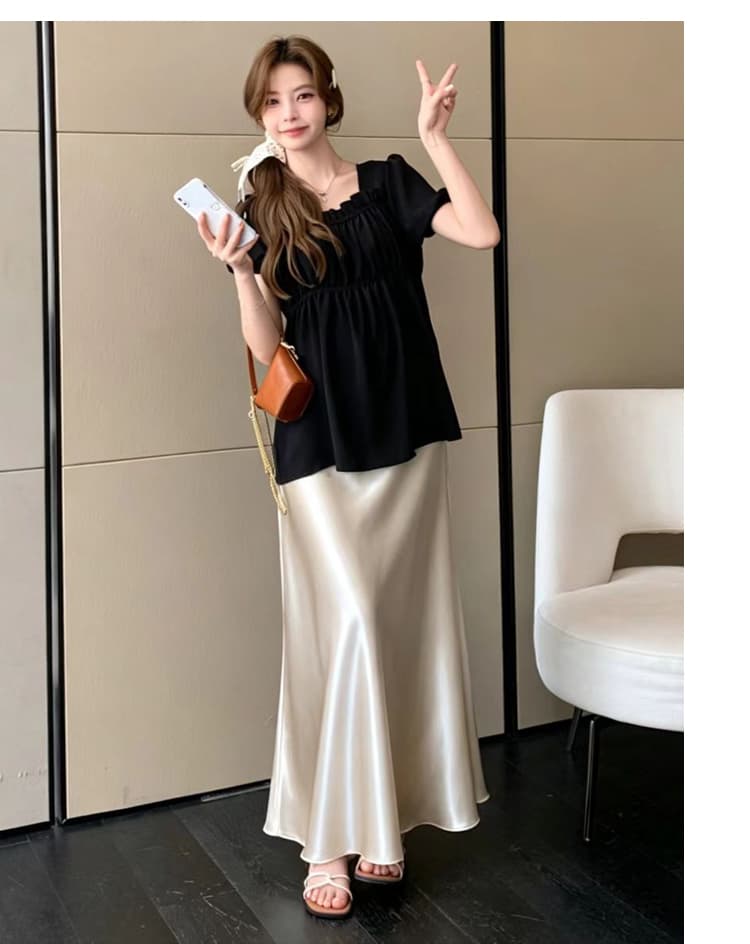 지금 실사 출산 착용 여름 품격 검정색 프랑스식 광장 칼라 반팔 맨위 하이웨이스트 복부 지지 치마 세트 상세 이미지 9