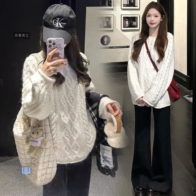 지금 출산 착용 봄 가을 고급 센스 느긋한 바람 꽈배기 풀오버 니트 스웨터 양모 복부 지지 와이드 레그 팬츠 세트 이미지 4