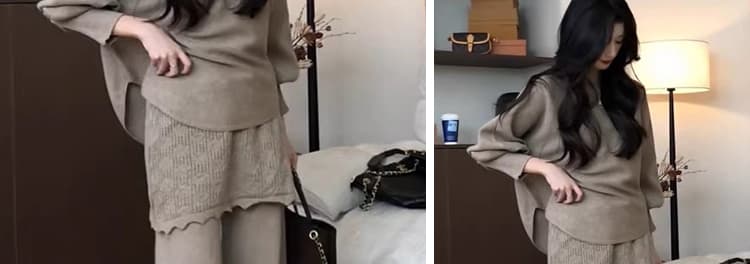 지금 출산 착용 소금 달콤한 부서 착용 가져 가라. 느긋한 바람 니트 스웨터 자수 방귀 커튼 슬림해 보이는 품격 와이드 레그 팬츠 투피스 세트 상세 이미지 8