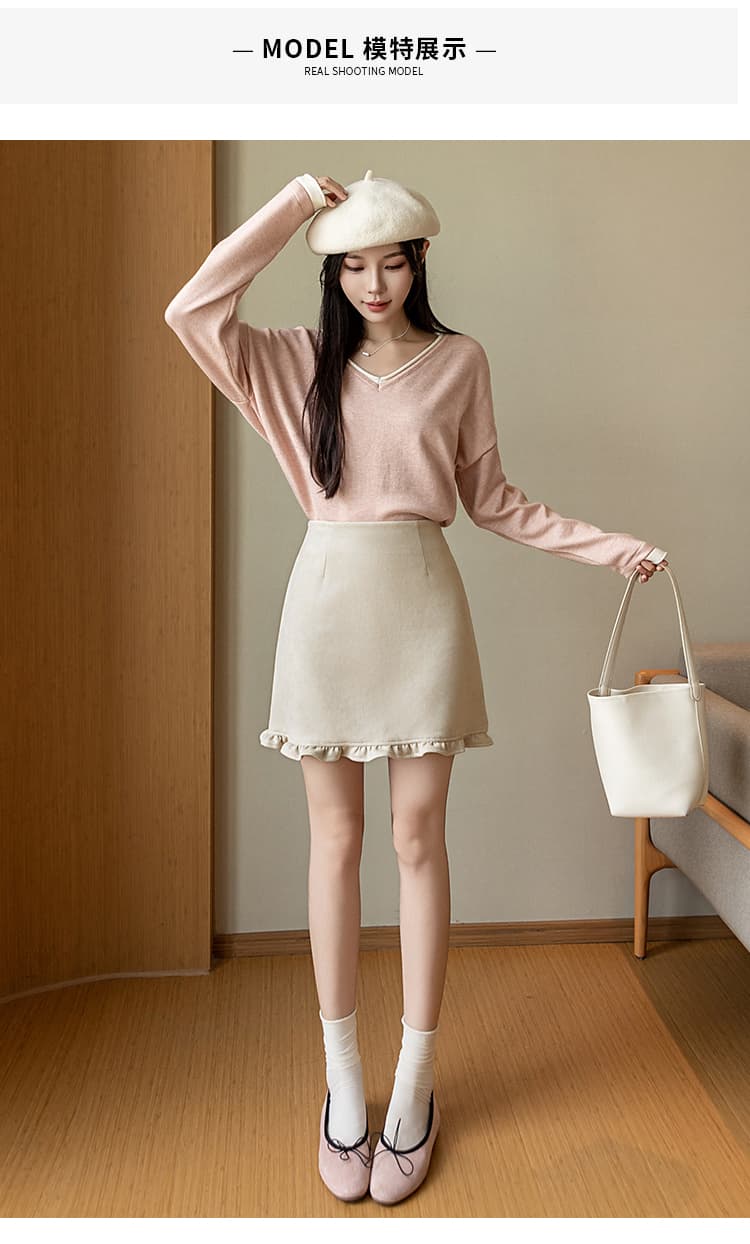 학생 레트로 스웨이드 원단 프릴 미니 스커트 여성 2026 가을 새로운 하이웨이스트 슬림해 보이는 한 걸음 치마 사슴 캐시미어 상세 이미지 11