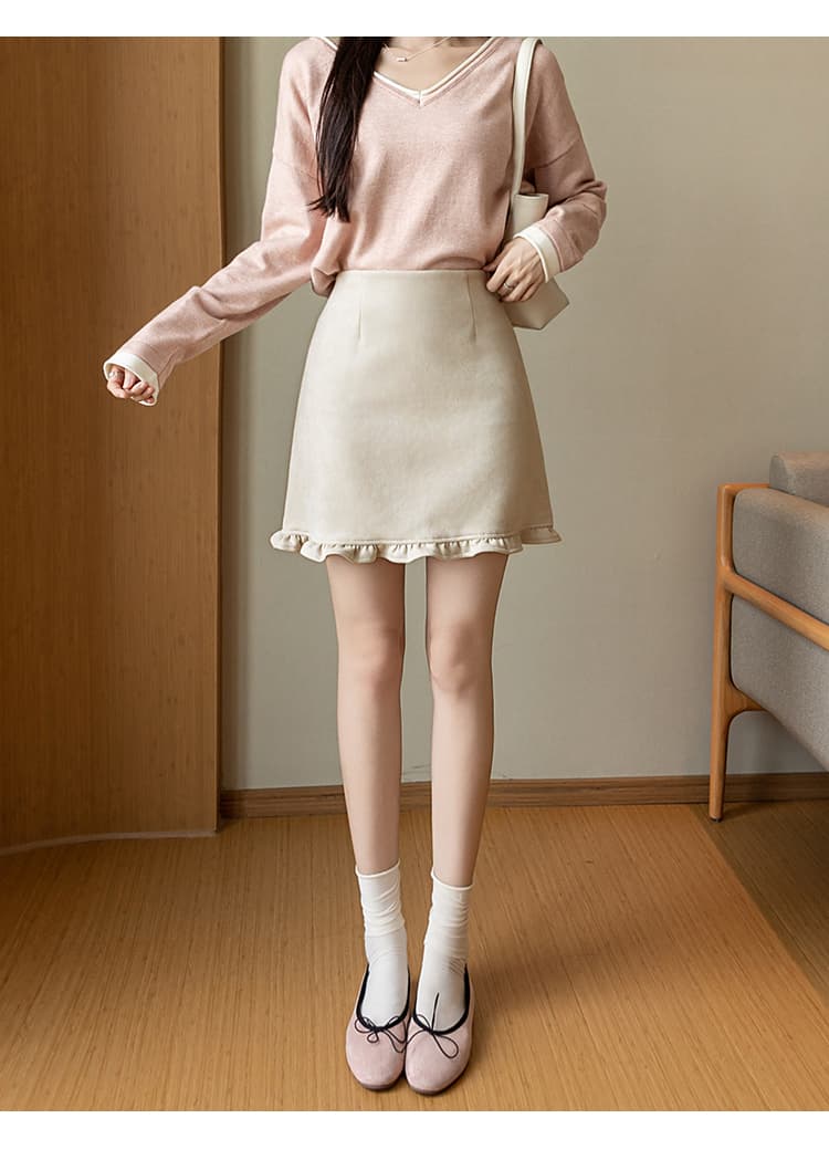 학생 레트로 스웨이드 원단 프릴 미니 스커트 여성 2026 가을 새로운 하이웨이스트 슬림해 보이는 한 걸음 치마 사슴 캐시미어 상세 이미지 13