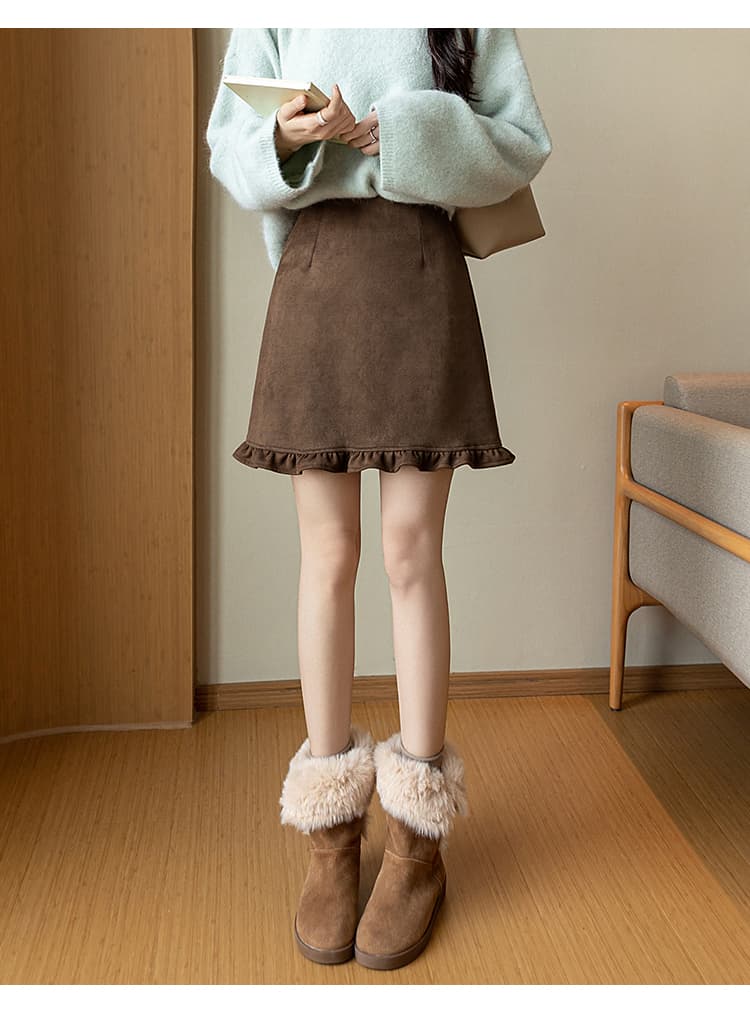 학생 레트로 스웨이드 원단 프릴 미니 스커트 여성 2026 가을 새로운 하이웨이스트 슬림해 보이는 한 걸음 치마 사슴 캐시미어 상세 이미지 29