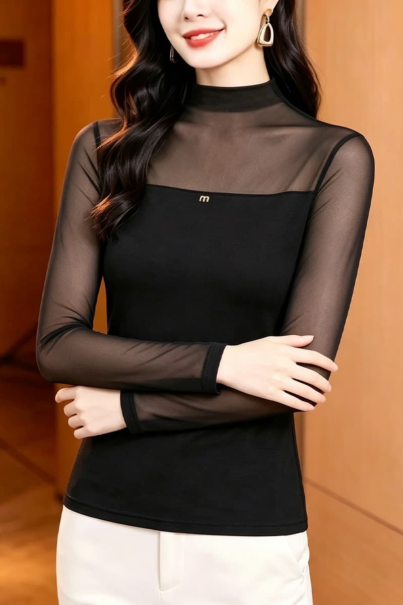 2026 가을 새로운 빅 사이즈 여성 의류 검정색 망사 기본 셔츠 이미지 6