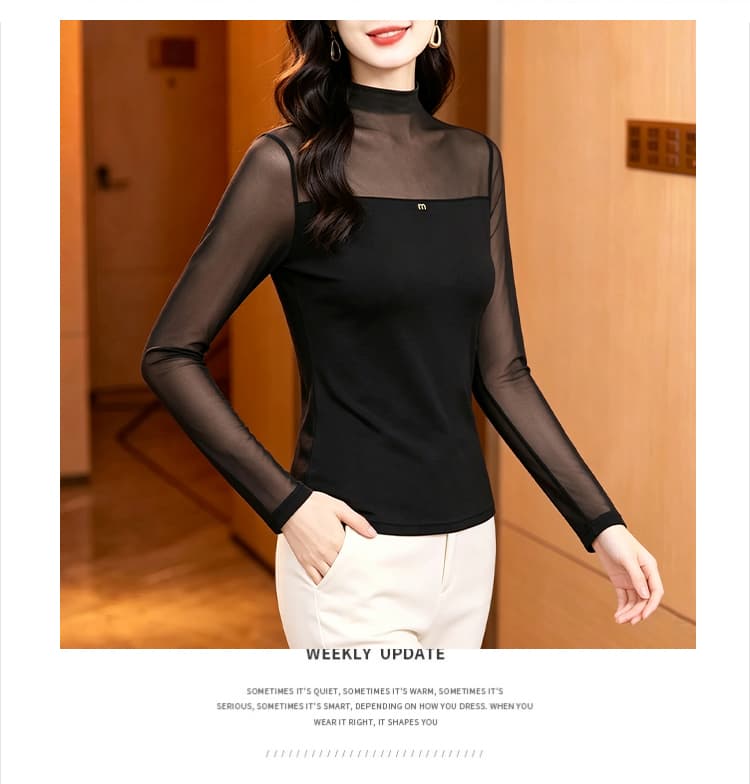 2026 가을 새로운 빅 사이즈 여성 의류 검정색 망사 기본 셔츠 상세 이미지 9
