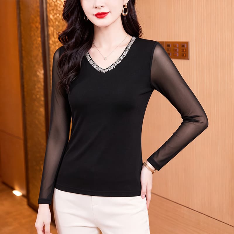 2026 가을 새로운 빅 사이즈 여성 의류 검정색 망사 기본 셔츠 이미지 3