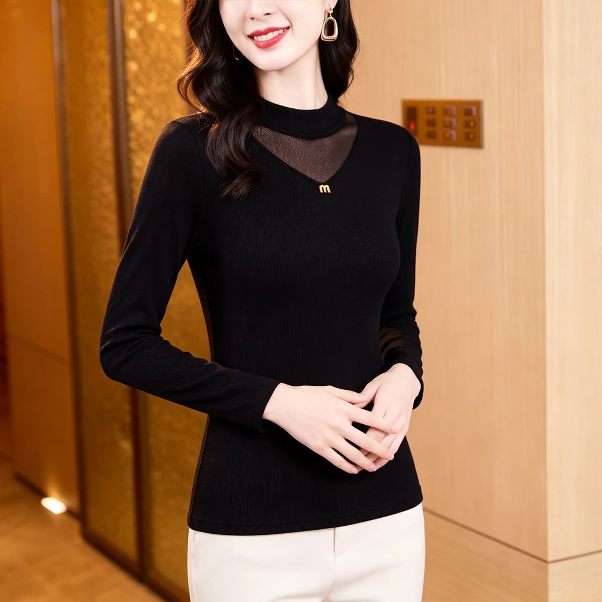 2026 가을 새로운 빅 사이즈 여성 의류 검정색 망사 기본 셔츠 이미지 4