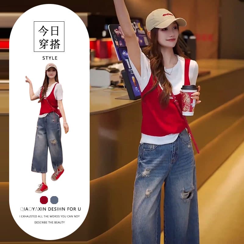 소녀 센스 Chic 착용 가져 가라. 투피스 세트 2026 여름 디자인 센스 페이크 레이어드 반팔 맨위 패션 청바지 트렌디