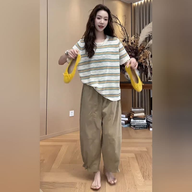소금 부서 미니멀리즘 다용도 3종 세트 여름 새로운 한국 스타일 스트라이프 맨위 패션 랩스커트팬츠 하이웨이스트 루즈핏 캐주얼 바지 이미지 4