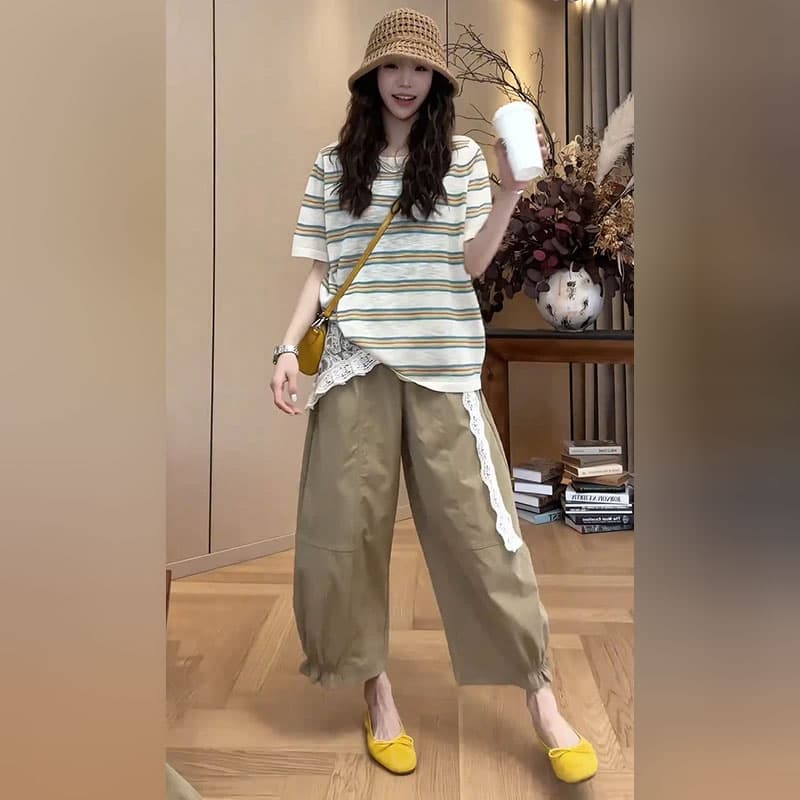 소금 부서 미니멀리즘 다용도 3종 세트 여름 새로운 한국 스타일 스트라이프 맨위 패션 랩스커트팬츠 하이웨이스트 루즈핏 캐주얼 바지 상세 이미지 4