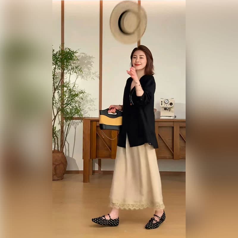 오래된 돈 바람 긴팔 셔츠 느슨함 센스 느긋한 바람 자외선 차단 맨위 고급 센스 도루 센스 루즈핏 반신 스커트 투피스 세트 이미지 2