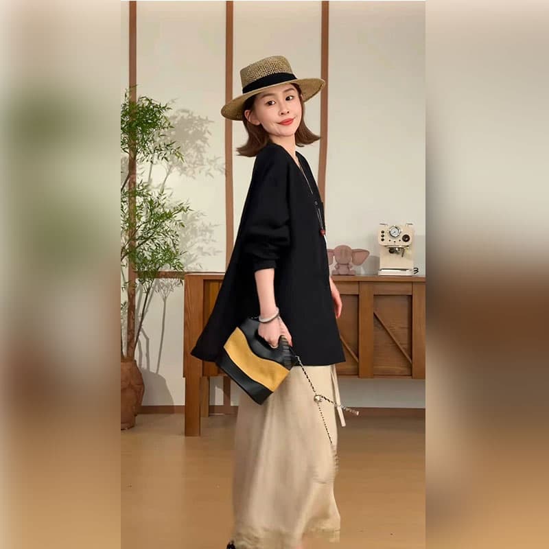 오래된 돈 바람 긴팔 셔츠 느슨함 센스 느긋한 바람 자외선 차단 맨위 고급 센스 도루 센스 루즈핏 반신 스커트 투피스 세트 이미지 3