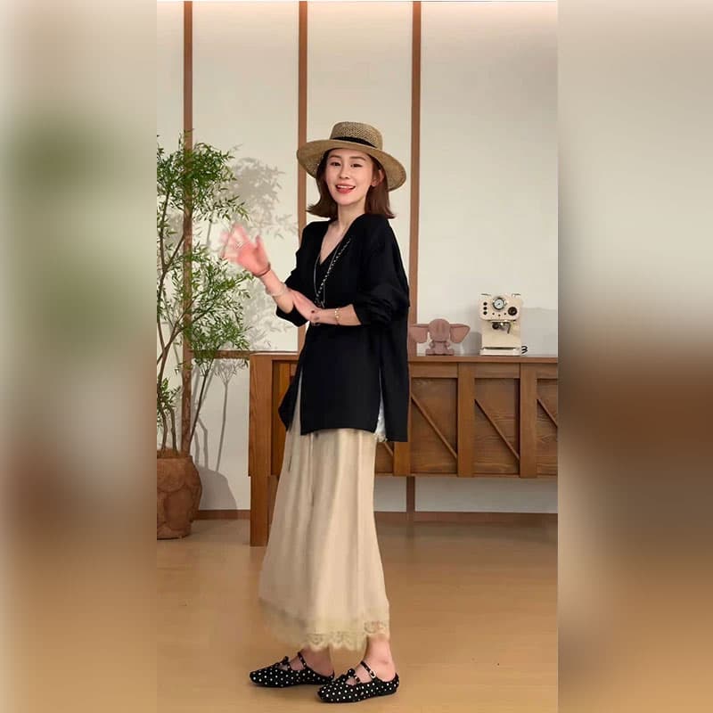 오래된 돈 바람 긴팔 셔츠 느슨함 센스 느긋한 바람 자외선 차단 맨위 고급 센스 도루 센스 루즈핏 반신 스커트 투피스 세트 상세 이미지 4