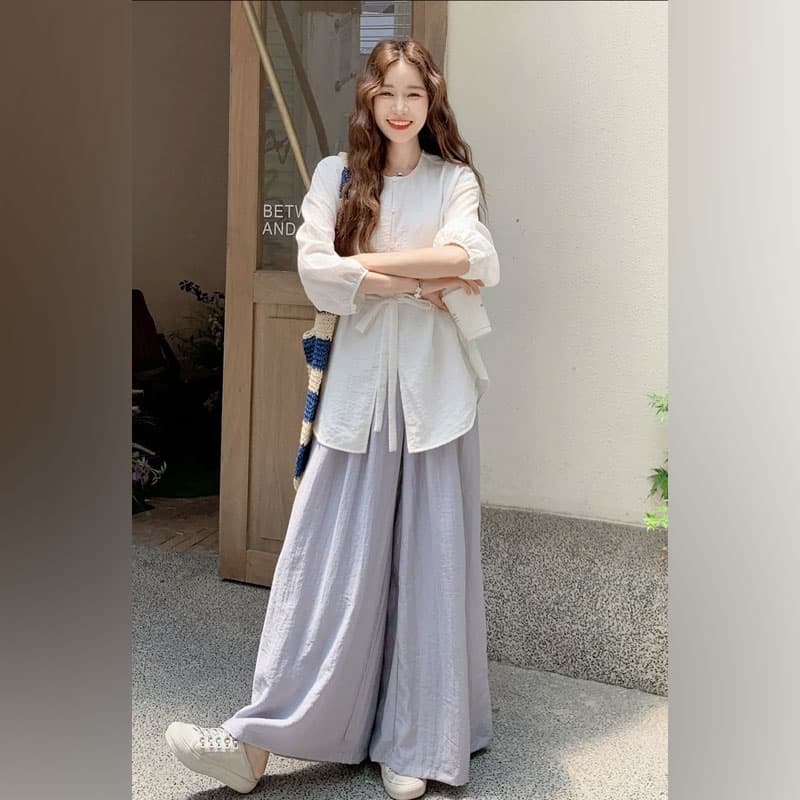 여름 새로운 한 부서 느긋한 바람 품격 루즈핏 셔츠 맨위 캐주얼 느슨함 센스 다용도 와이드 레그 팬츠 투피스 세트 이미지 2