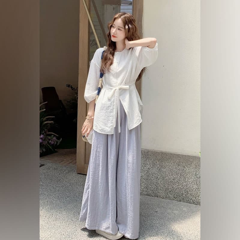 여름 새로운 한 부서 느긋한 바람 품격 루즈핏 셔츠 맨위 캐주얼 느슨함 센스 다용도 와이드 레그 팬츠 투피스 세트 상세 이미지 2
