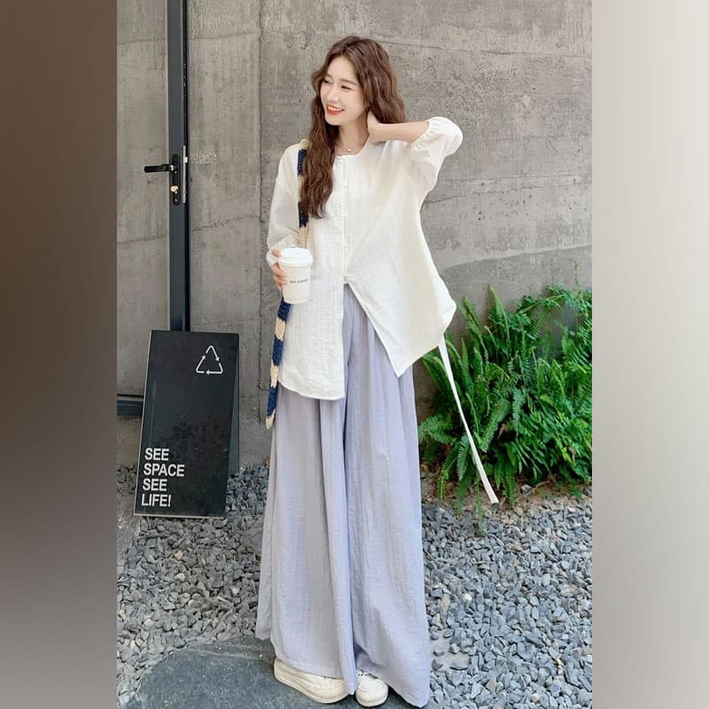 여름 새로운 한 부서 느긋한 바람 품격 루즈핏 셔츠 맨위 캐주얼 느슨함 센스 다용도 와이드 레그 팬츠 투피스 세트 상세 이미지 3