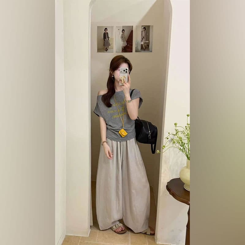 외국 가스 핫걸 비스듬한 칼라 오프숄더 알파벳 프린트 반팔 맨위 여름 새로운 루즈핏 다용도 캐주얼 바지 투피스 세트 이미지 4