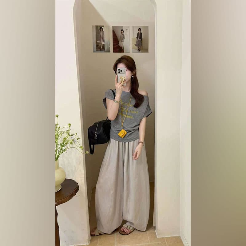 외국 가스 핫걸 비스듬한 칼라 오프숄더 알파벳 프린트 반팔 맨위 여름 새로운 루즈핏 다용도 캐주얼 바지 투피스 세트 이미지 2