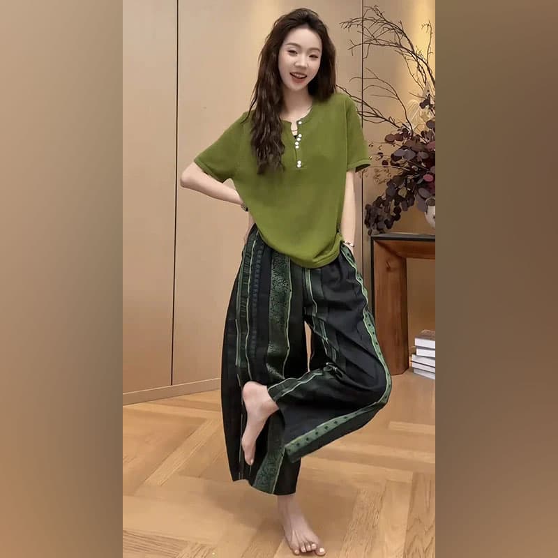 유럽과 미국 튀김 거리 투피스 슈트 착용 가져 가라. 여름 새로운 한국 스타일 루즈핏 반팔 맨위 패션 프린트 와이드 레그 팬츠 트렌디 이미지 3