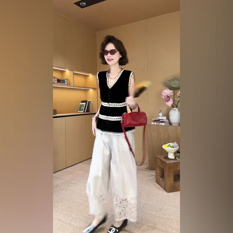 부드러운 바람 흑인과 백인 배색 레이스 V넥 민소매 조끼 하이웨이스트 레이스 조각 와이드 레그 팬츠 품격 투피스 슈트 이미지 2