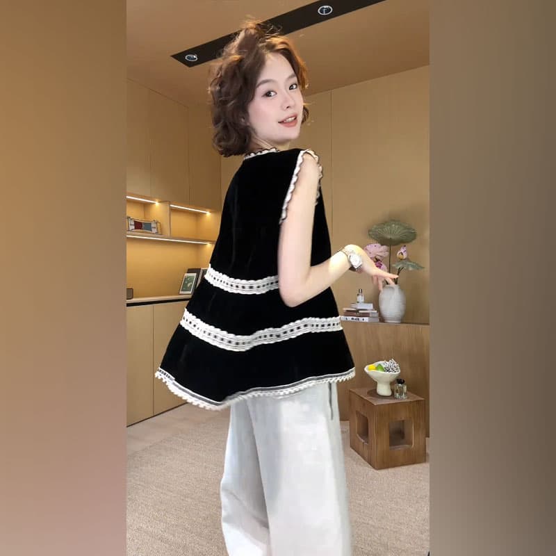 부드러운 바람 흑인과 백인 배색 레이스 V넥 민소매 조끼 하이웨이스트 레이스 조각 와이드 레그 팬츠 품격 투피스 슈트 상세 이미지 3