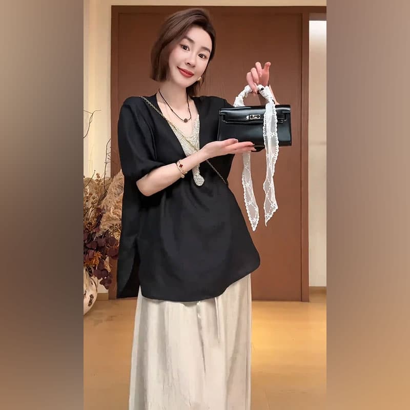 로얄 자매 빛 요리 한 바람 착용 가져 가라. 투피스 슈트 여성 여름 새로운 유럽과 미국 디스플레이 품격 루즈핏 맨위 하이웨이스트 반신 스커트 이미지 5