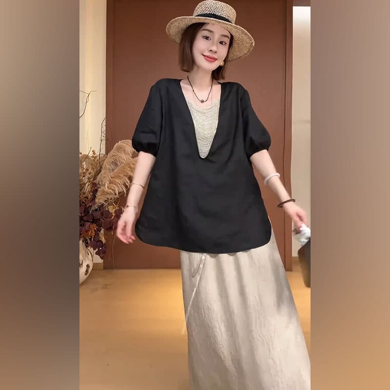 로얄 자매 빛 요리 한 바람 착용 가져 가라. 투피스 슈트 여성 여름 새로운 유럽과 미국 디스플레이 품격 루즈핏 맨위 하이웨이스트 반신 스커트 상세 이미지 4