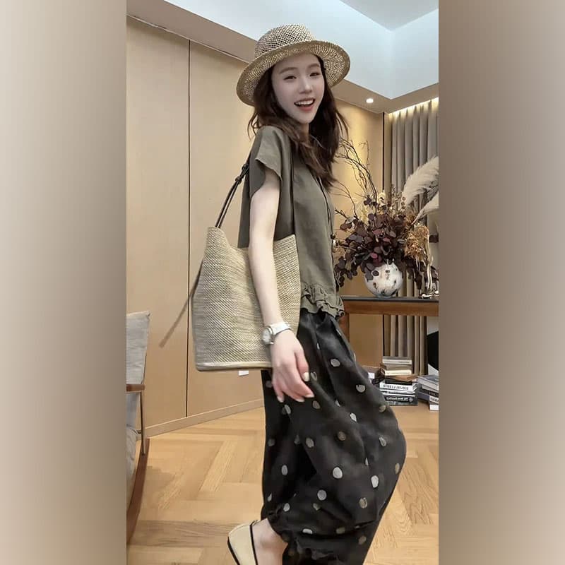소금 부서 빛 요리 한 투피스 슈트 여름 새로운 디자인 센스 Chic 싱글 줄 버튼 반팔 맨위 도트 무늬 와이드 레그 팬츠 트렌디 이미지 2