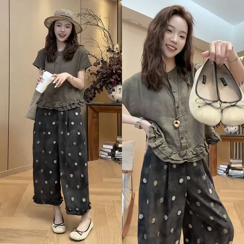 소금 부서 빛 요리 한 투피스 슈트 여름 새로운 디자인 센스 Chic 싱글 줄 버튼 반팔 맨위 도트 무늬 와이드 레그 팬츠 트렌디 상세 이미지 2