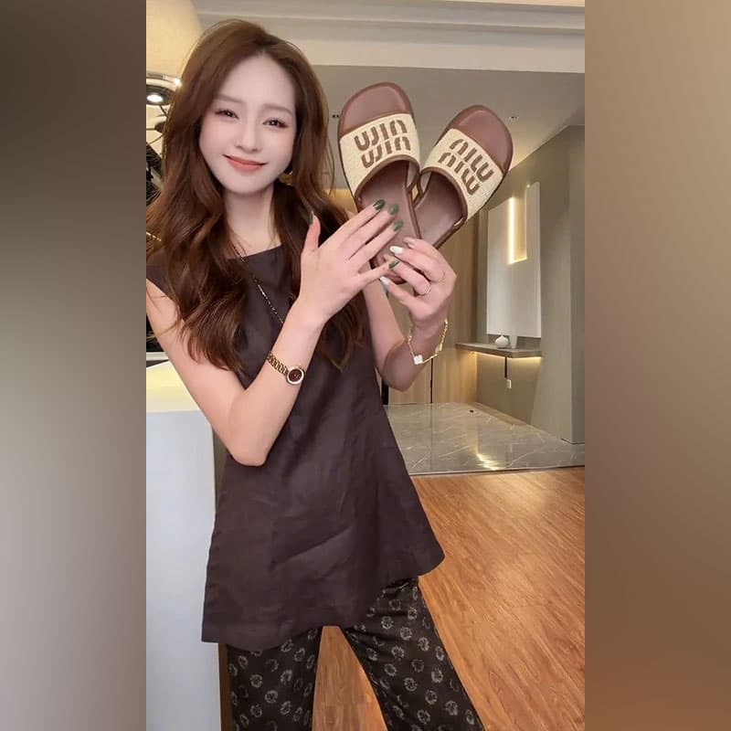 여성 의류 빛 럭셔리 고급 센스 여성 세트 2026 새로운 디자인 센스 트임 슬림해 보이는 맨위 프린트 운동 바지 상세 이미지 3